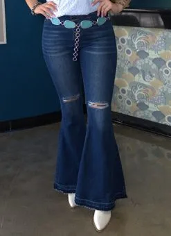 L&B Apparel Plus Size Mid Wash High Waist Flare Jeans W/Knee Rips