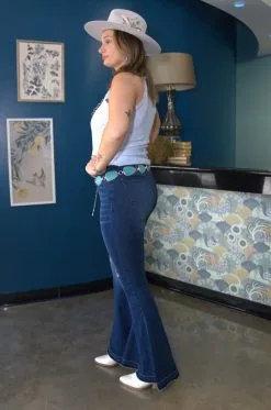 L&B Apparel Plus Size Mid Wash High Waist Flare Jeans W/Knee Rips -Clothing Women's Clothing/Brgs sales store DSC08376 81w7 3k