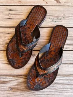 American Darling Sunflower Bloom Tooled Leather Sandals