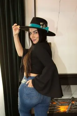 L&B Apparel Black Bell Sleeve Crop Top -Clothing Women's Clothing/Brgs sales store MH02368 BLK 1