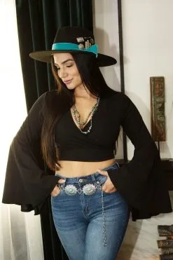 L&B Apparel Black Bell Sleeve Crop Top -Clothing Women's Clothing/Brgs sales store MH02368 BLK 3 jf8h ap