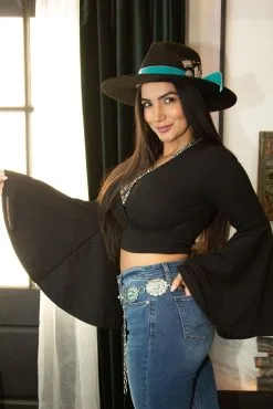 L&B Apparel Black Bell Sleeve Crop Top -Clothing Women's Clothing/Brgs sales store MH02368 BLK 5