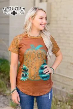 Crazy Train Clothing Crazy Train Patch Perfect 21 Pumpkin Shirt -Clothing Women's Clothing/Brgs sales store PatchPerfectTee1